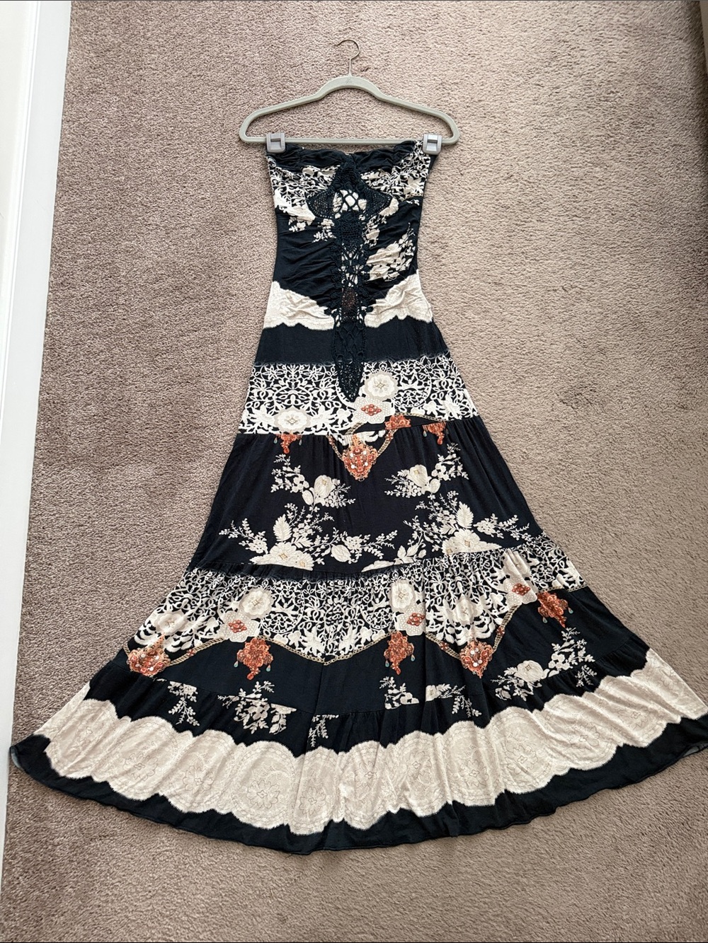 Sky Black Strapless Maxi Dress with Cream and Rust Floral Details